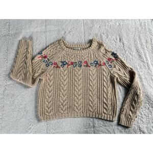 American Eagle Floral Embroidered Yoke Cable Knit Crewneck Sweater Women’s XL